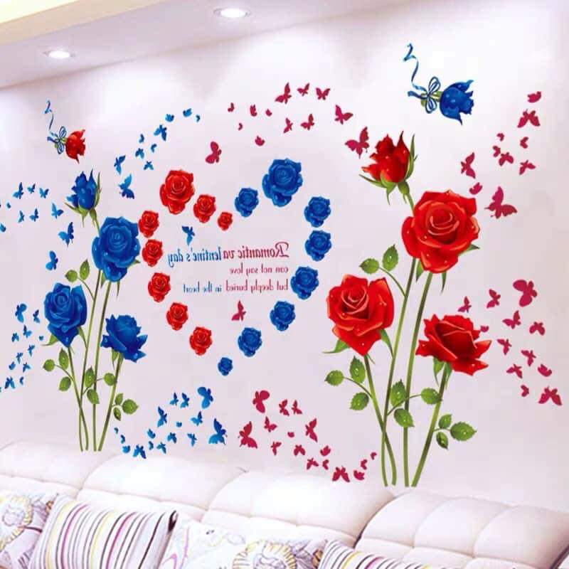 Decal dán tường Đôi hoa hồng nhung đỏ và xanh - HP446