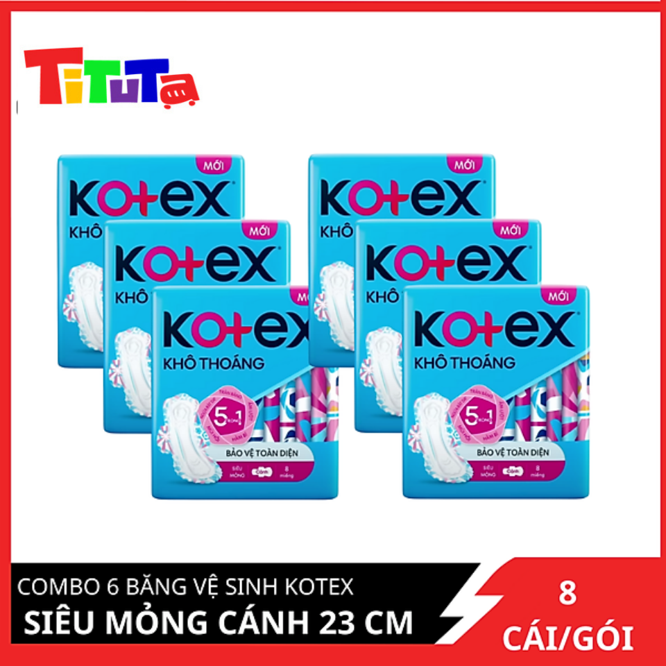 Combo 6 Băng vệ sinh Kotex Khô thoáng siêu mỏng cánh 23cm 8 miếng