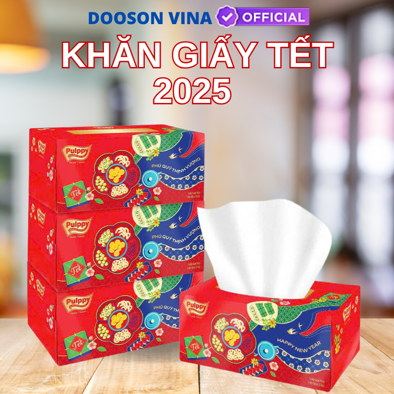 Hộp Khăn Giấy  Đỏ Pulppy Tết May Mắn Ất Tỵ 2025 3 Lớp