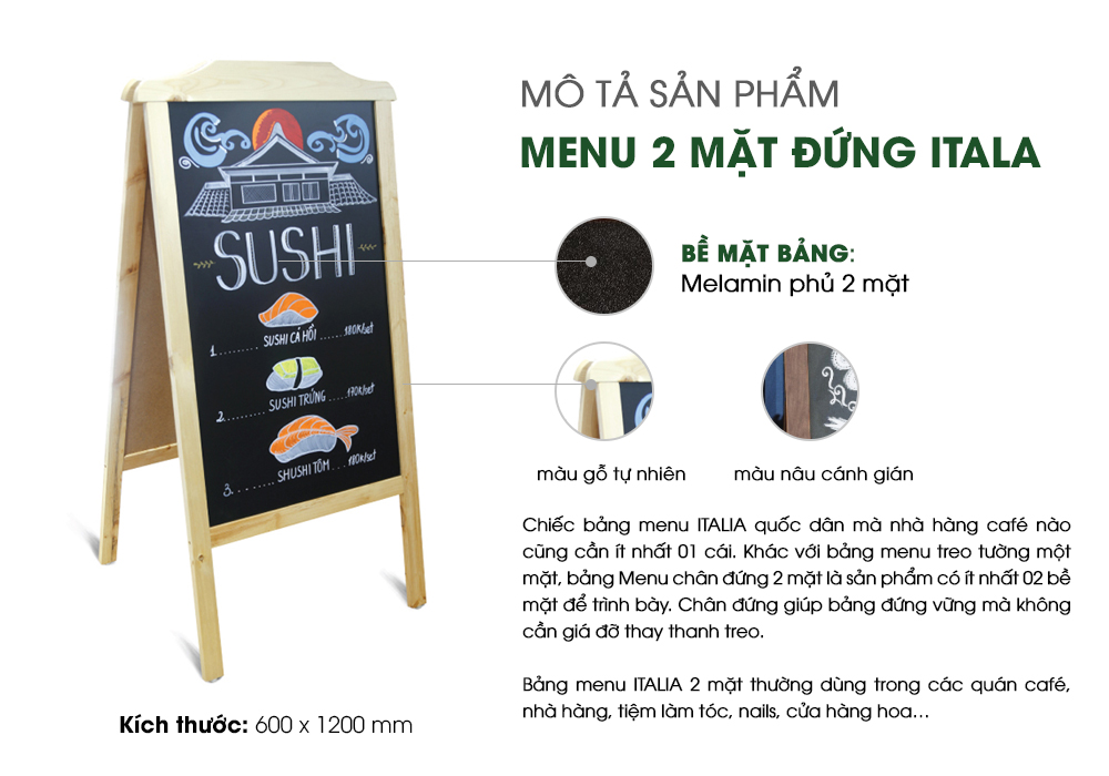 Bảng Menu 2 Mặt Đứng Itala Tân hà - Kích Thước 600x1200mm - Bảng Menu Quán Cafe, Nhà Hàng,...