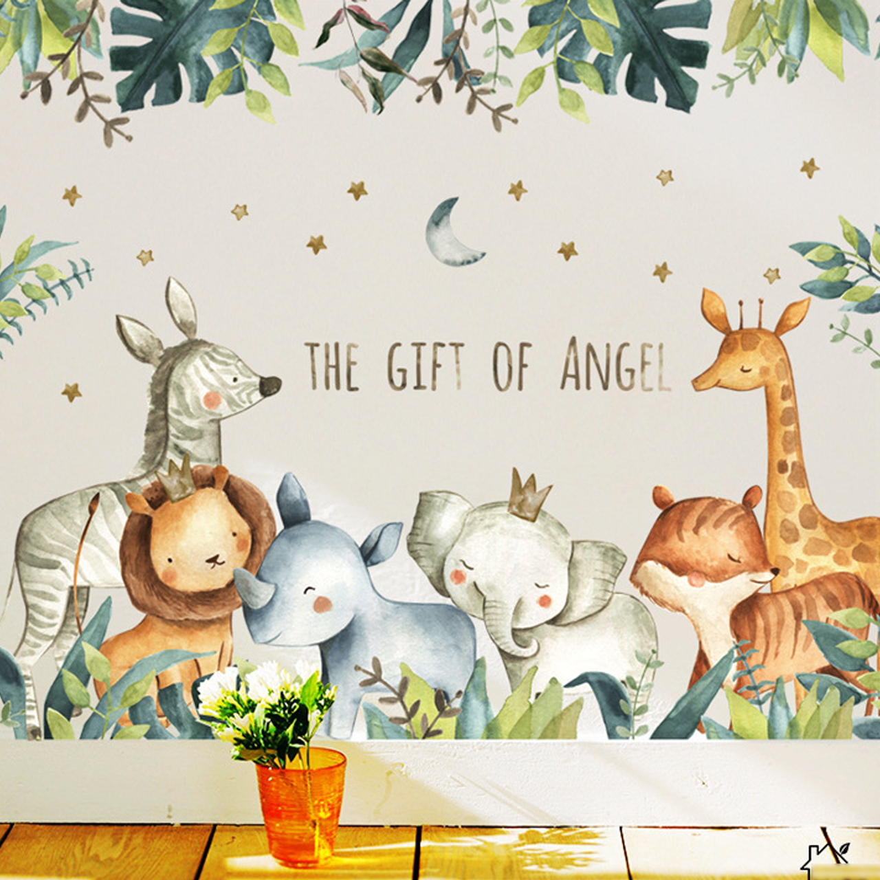 Decal dán tường trang trí phòng khách, quán cafe- Hươu và những người bạn- mã sp DLV73