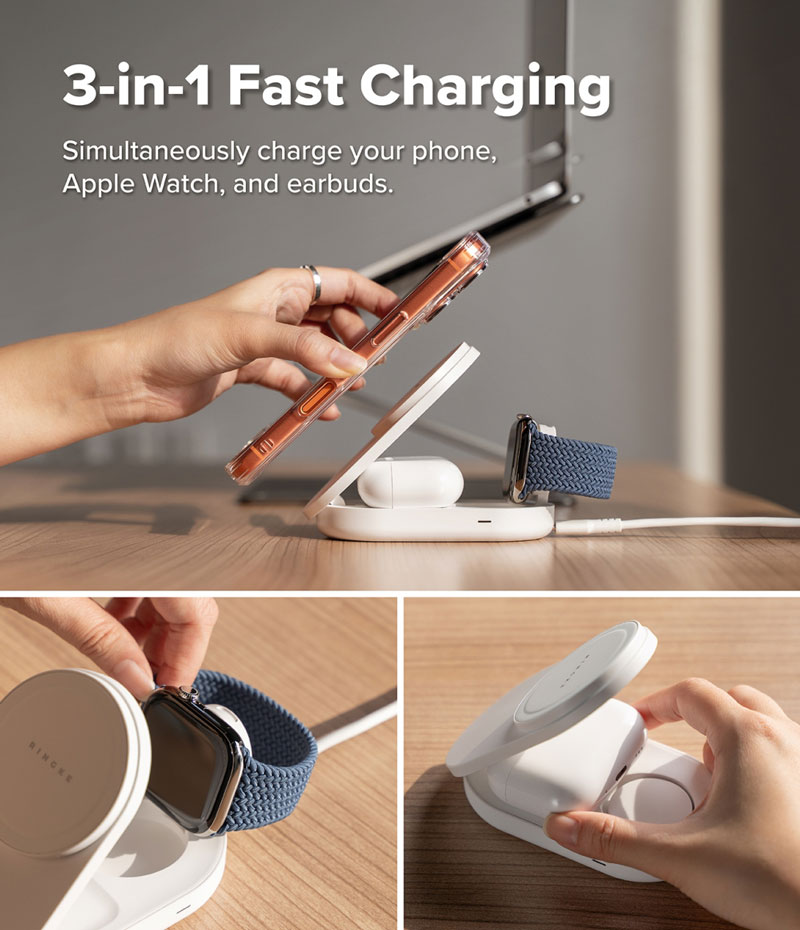 Đế sạc Ringke Stand Qi2 25W 3-in-1 Folding Magnetic Wireless Charger - Hàng Chính Hãng