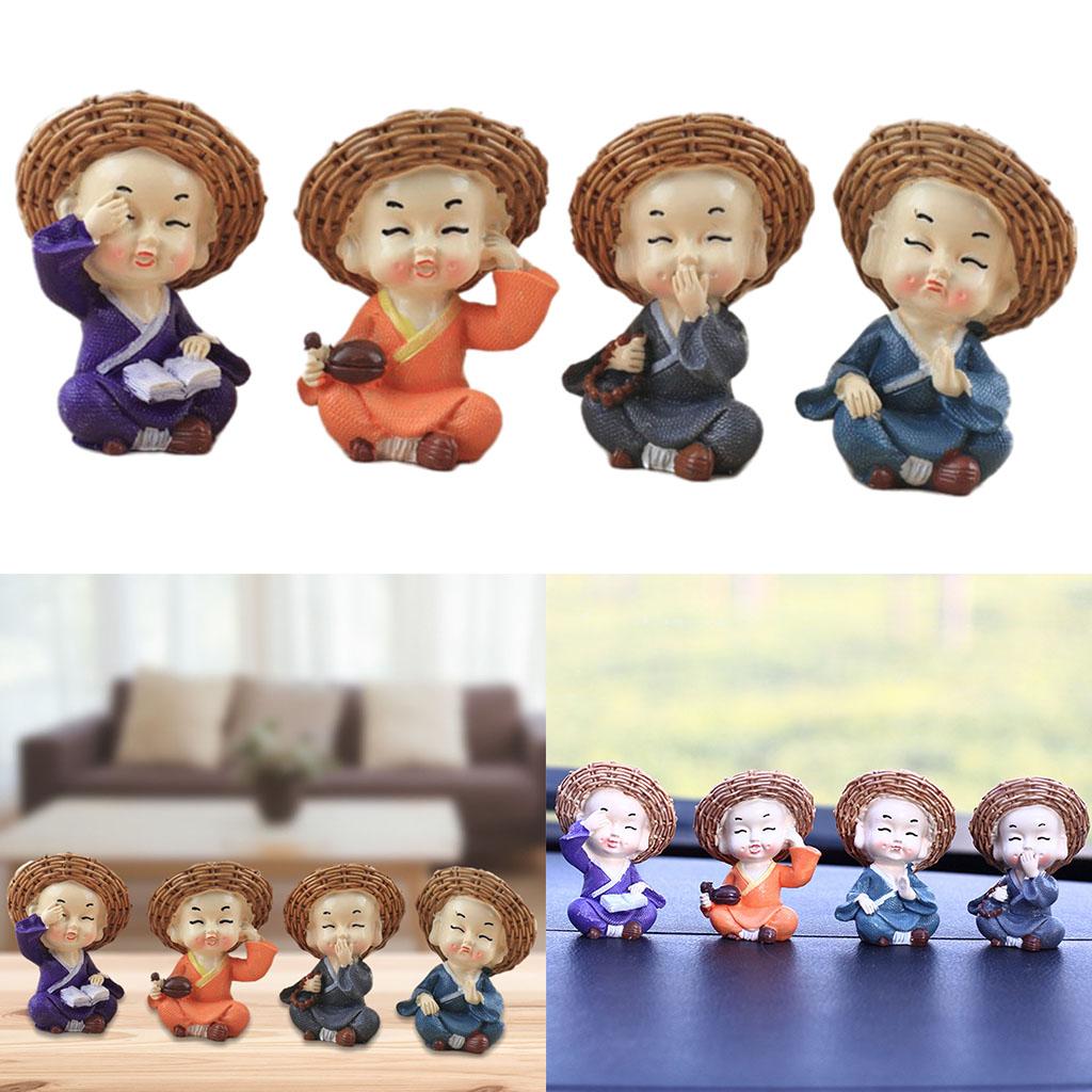 4Pc Resin Monk Figurines Cute Little Monk Statue Sculpture Decor Lovely Gift