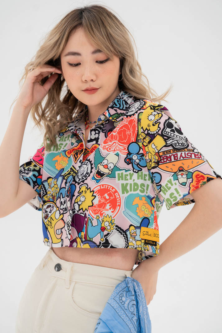 Áo Sơ Mi Croptop BOO Dáng Rộng, Ngắn Tay In Tràn Họa Tiết The Simpsons BZL Trendy Dành Cho Gen Z Cá Tính