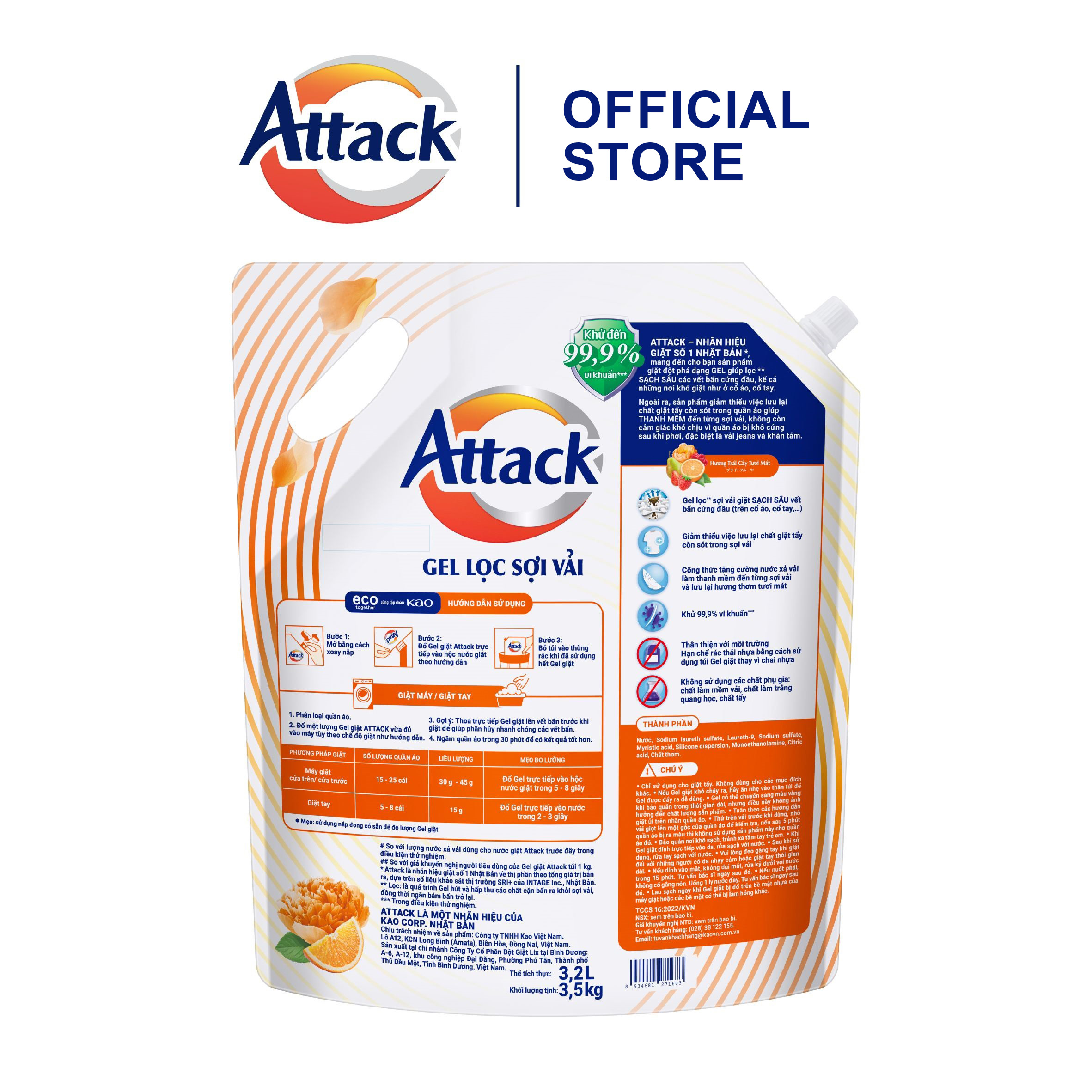 Gel Giặt Attack Hương Trái Cây Tươi Mát Túi 3.5Kg