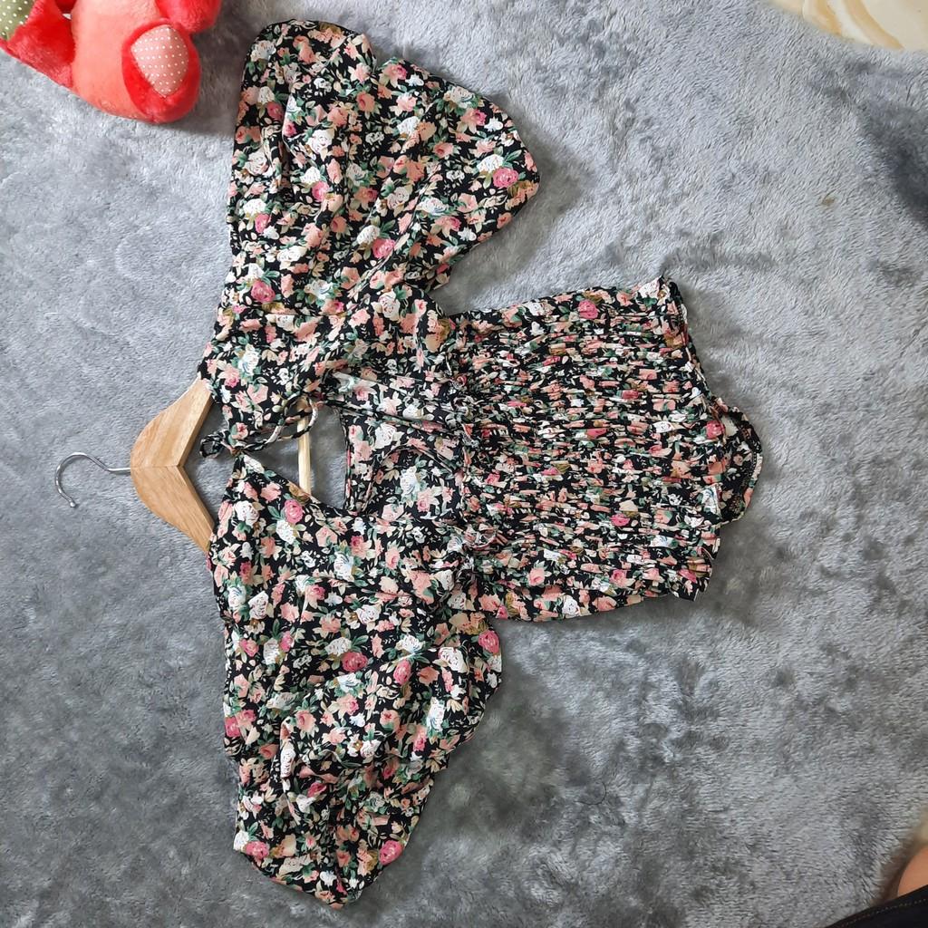 Áo hoa nhí tay phồng thắt nơ khoét hở lưng style cổ điển kiểu Pháp mùa hè