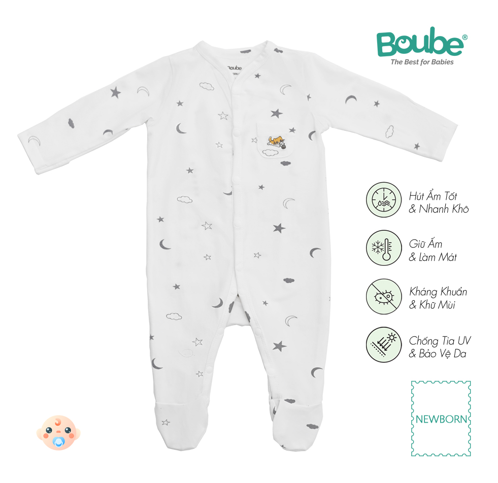 Bộ bodysuit, bộ liền thân liền tất họa tiết dễ thương cho bé sơ sinh Boube, vải cotton organic thoáng mát - Size Newborn