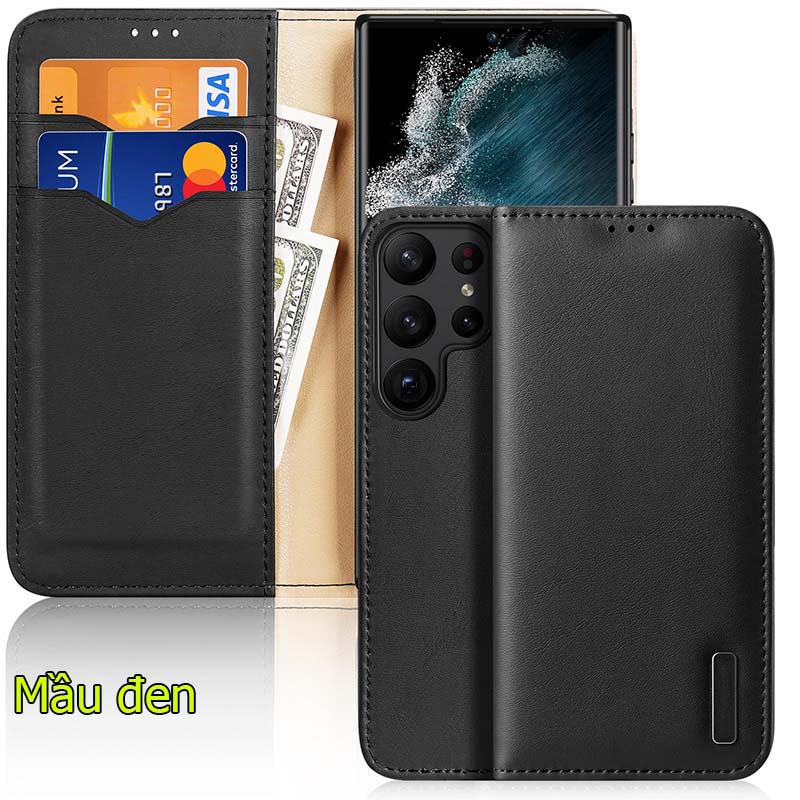 Bao da da bò thật cho Samsung S23 Ultra 5G kiểu ví 2 mặt cao cấp