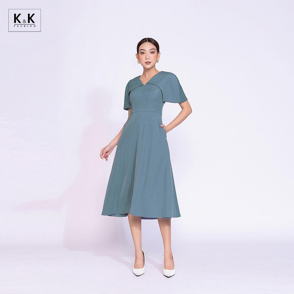 Đầm Công Sở Đơn Sắc Dáng Xòe Cổ V K&K Fashion KK140-03 Chất Liệu Chéo Hàn