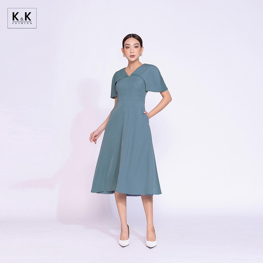 Đầm Công Sở Đơn Sắc Dáng Xòe Cổ V K&amp;K Fashion KK140-03 Chất Liệu Chéo Hàn