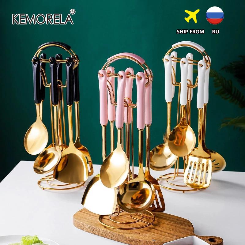 6/7PC Nồi Bộ Đồ Dùng Nhà Bếp Phong Cách Bắc Âu Cao Cấp Thép Không Gỉ Gốm Tay Cầm Dụng Cụ Nấu Ăn Dụng Cụ Nhà Bếp Phụ Kiện
