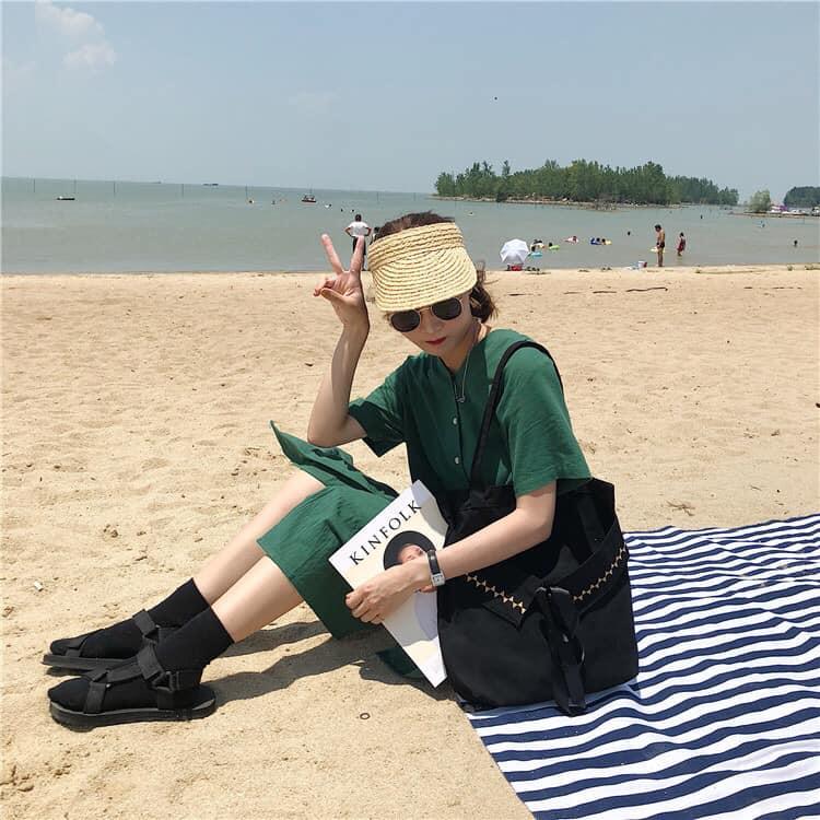 Túi Tote Tui Vải Canvas đeo vai Thắt nơ đen nữ tính phong cách Hàn Quốc có ngăn phụ và nút bấm