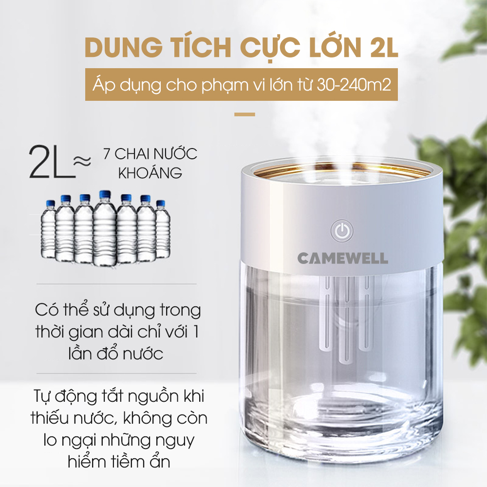 Máy phun sương mini CWELL 2L, máy tạo độ ẩm không khí 3 chế độ phun sương mịn kiêm đèn Led nhiều màu