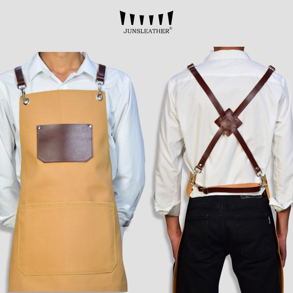 Tạp dề pha chế vải canvas dây da của Junsleather phối da bò cao cấp dành cho Barista/Bartender