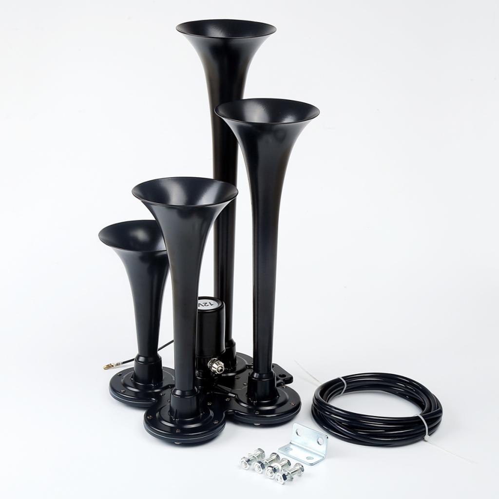 Loud 150dB 4/Four Trumpet Train Air Horn With 12V Electric Solenoid Black
