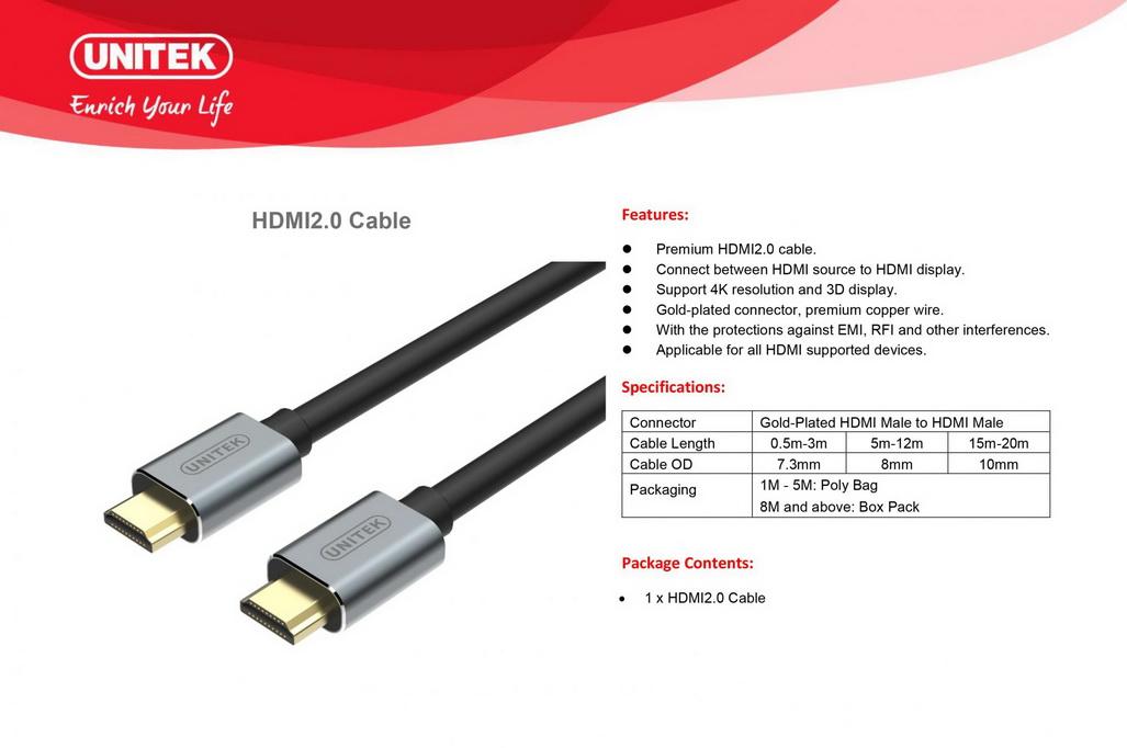 CÁP TIVI MÁY CHIẾU HDMI 2.0 UNITEK YC-137LGY KẾT NỐI PC LAPTOP 1,5M - HÀNG CHÍNH HÃNG