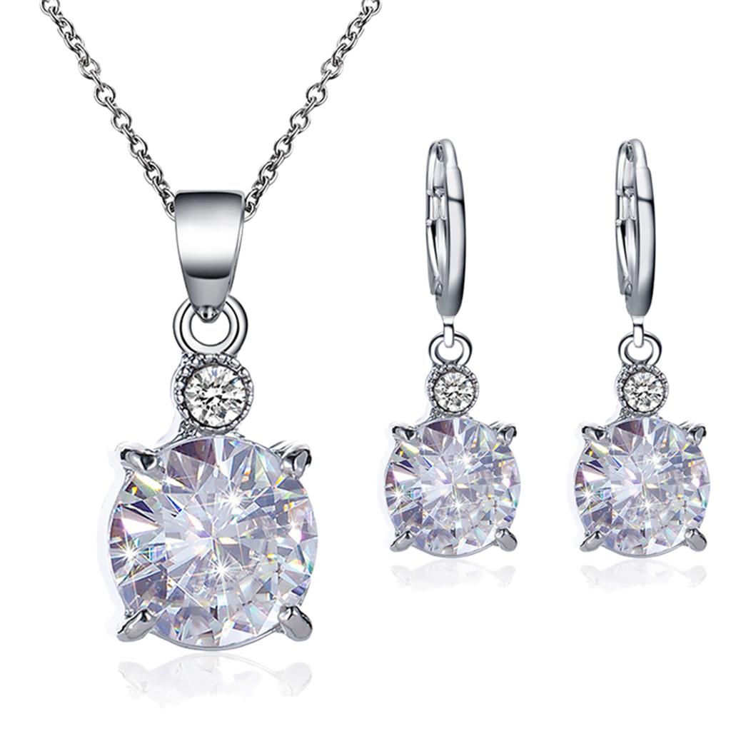 Round Zircon Crystal Crystal Bridal Pendant Necklace Earrings Jewelry Sets