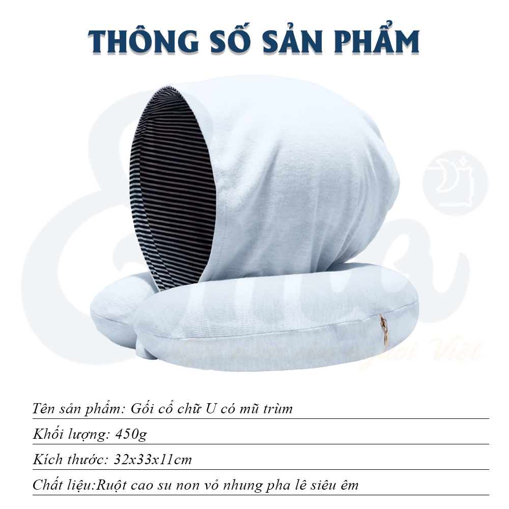 Gối chữ U kê cổ có mũ trùm đầu EMA - Dành cho dân văn phòng, đi du lịch, tàu xe...