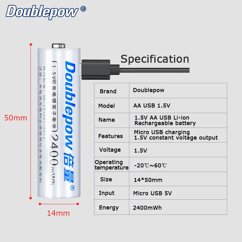 02 Pin tiểu sạc cổng Micro USB Doublepow AA 1.5V Dung Lượng 2400mWh AnZ - Hàng Chính Hãng