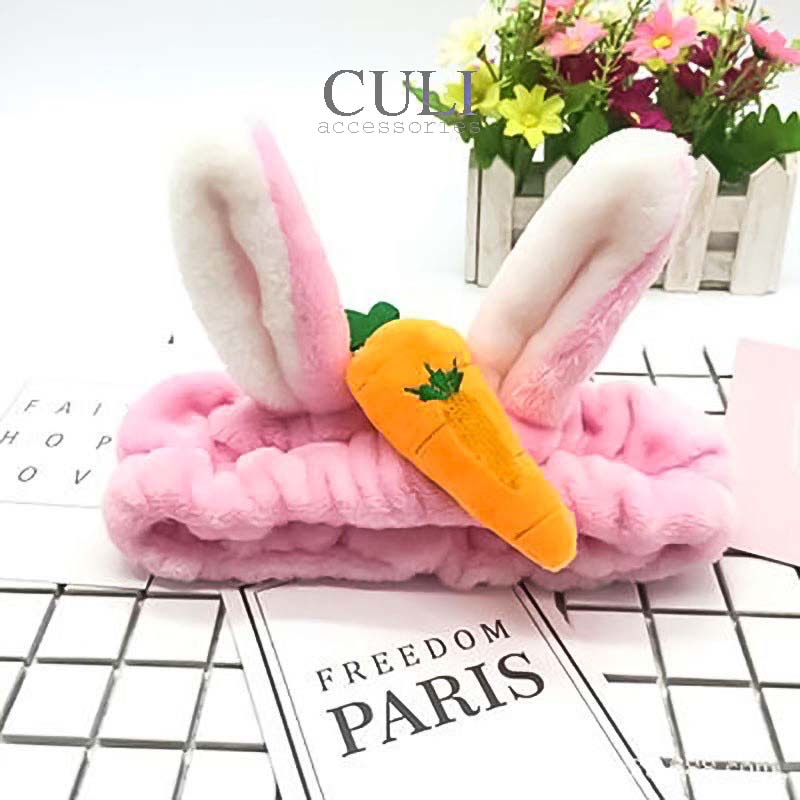 Băng đô rửa mặt, Bờm cài tóc tai thỏ đính củ cà rốt siêu đáng yêu, vải lông mềm mại, style Hàn Quốc xinh xắn