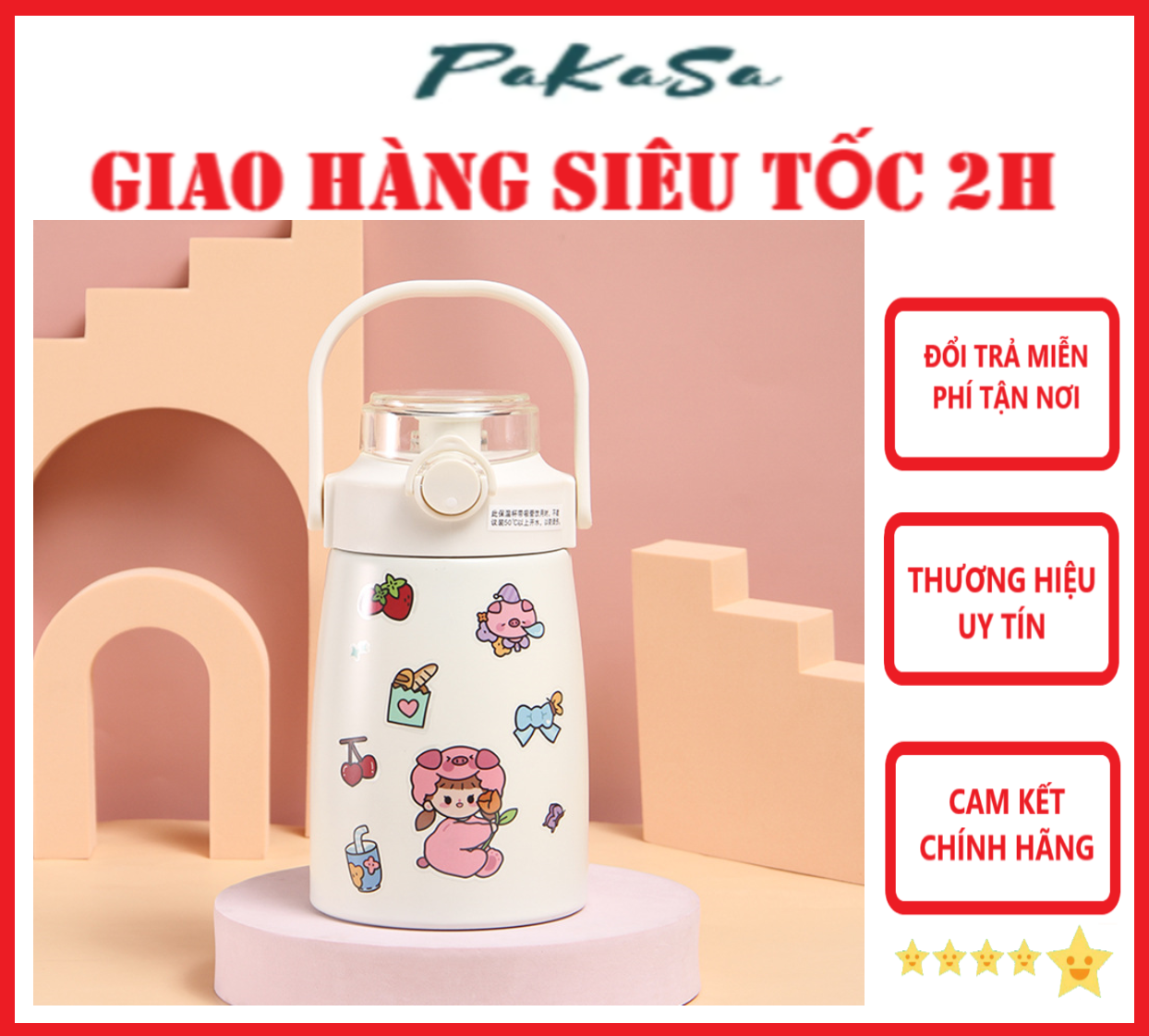 Bình Nước Giữ Nhiệt 2 Lớp 800ml Cute Kèm Ống Hút Chất Liệu Inox 304 An Toàn Tuyệt Đối Cho Người Dùng Có Khóa Chống Ngã Đổ - Hàng Chính Hãng