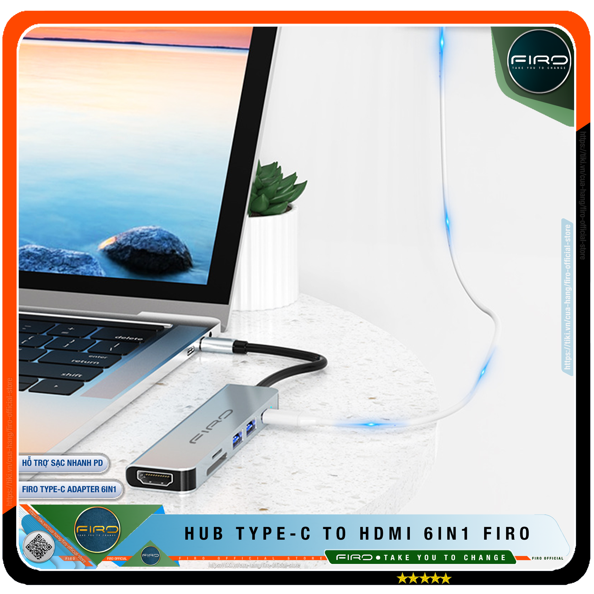 Hub Type C FIRO 6in1 - Hub Chuyển Đổi Type C To HDMI Chuẩn HDTV - 1 Cổng HDMI/HDTV 4K, 2 Cổng USB 3.0, 2 Khe Đọc Thẻ TF Và SD, 1 Cổng Sạc Nhanh Type C PD - Kết Nối Tốc Độ Cao - Dùng Cho Tivi/Laptop/Playstation/PC/Smartphone – Hàng Chính Hãng