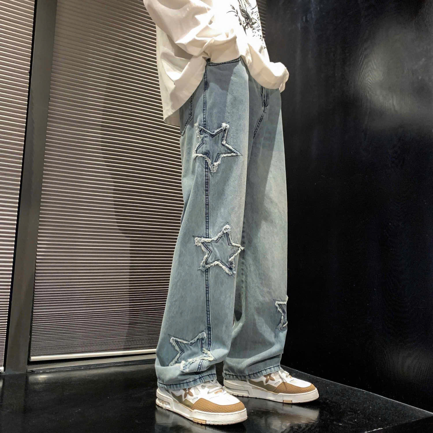 Quần jean ống rộng nam nữ 2N Unisex hình ngôi sao Q10