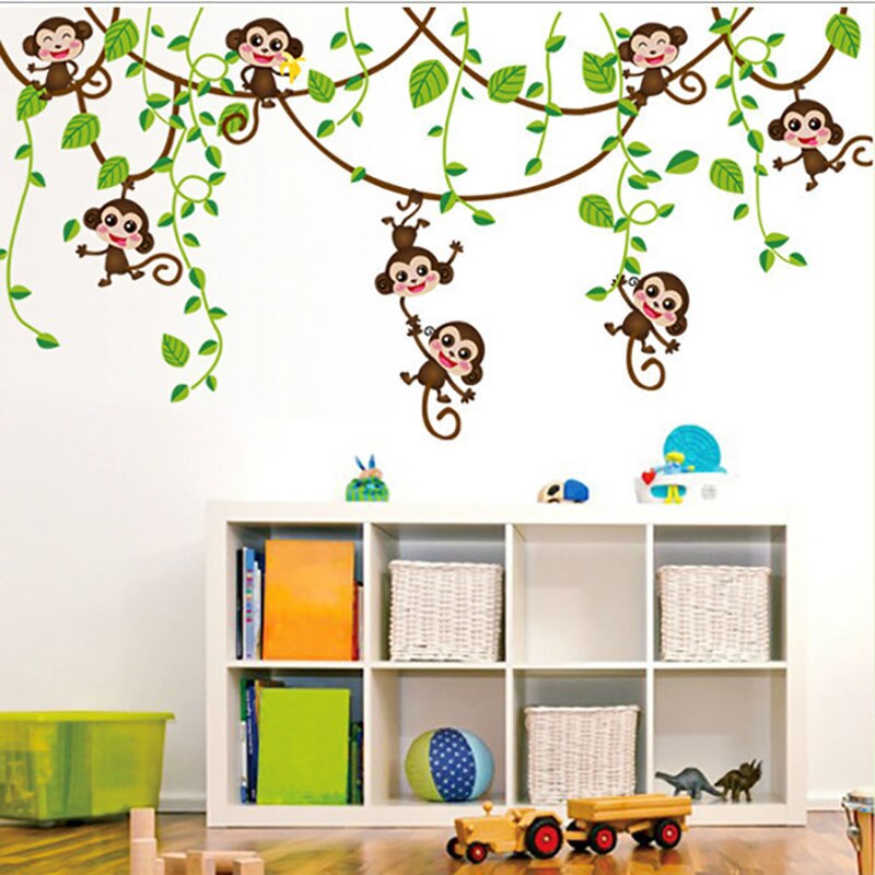 Decal Dán Tường Khỉ Con Đu Dây - 2 Bộ