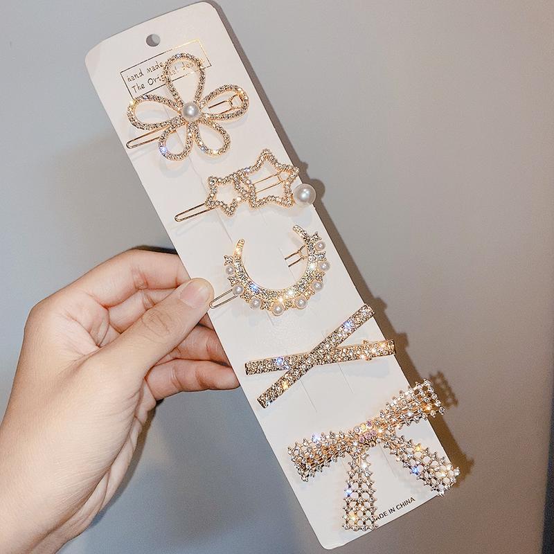 Set 5 kẹp tóc đính đá lấp lánh nơ và hoa phong cách Hàn quốc