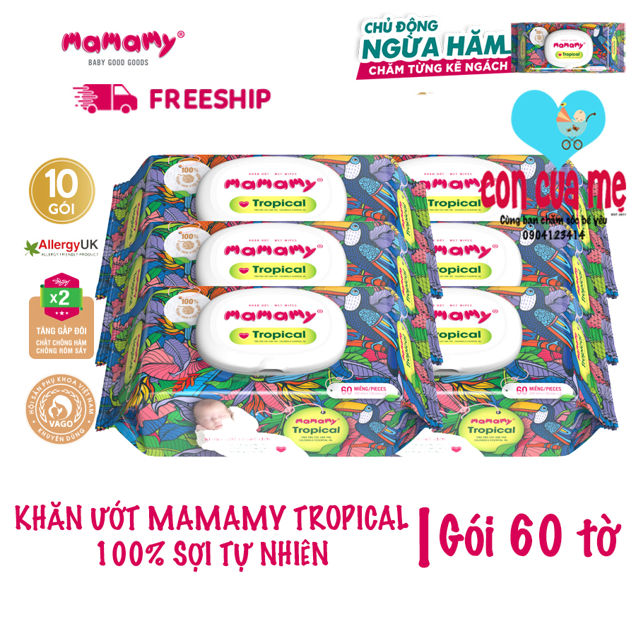 Combo 6 gói 60/90 tờ Khăn ướt Mamamy Tropical 100% sợi tự nhiên ngừa hăm, rôm sảy kháng khuẩn giữ ẩm cho bé