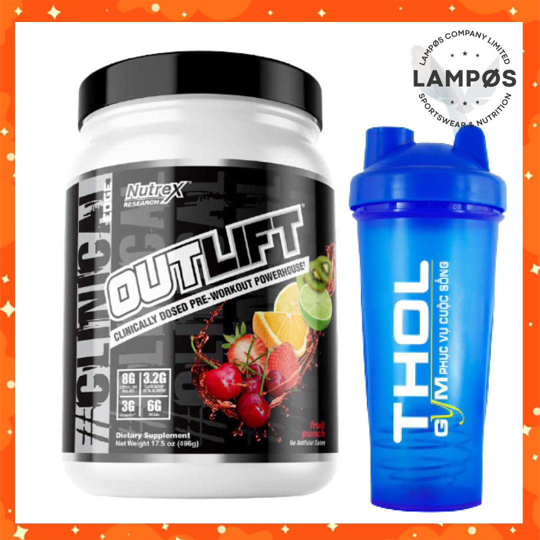 Combo Outlift Pre-Workout của Nutrex (Vị Fruit Punch - 20 lần dùng) Tăng Sức Mạnh & Độ Bền Trong Tập Luyện - Kèm Bình Lắc THOL (Màu ngẫu nhiên)