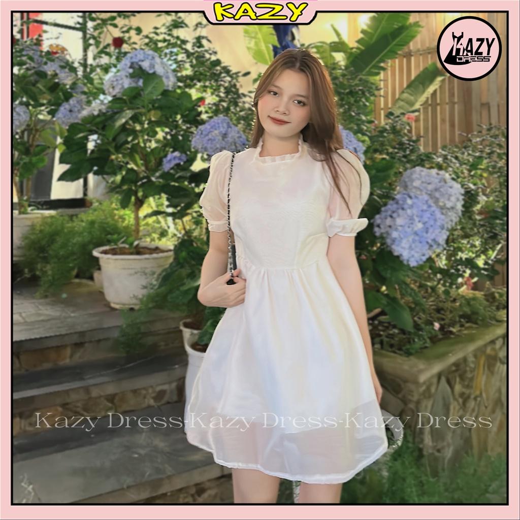 Đầm váy nữ cổ xếp ly tay phồng, Váy Babydoll tiểu thư KAZY STORE V024