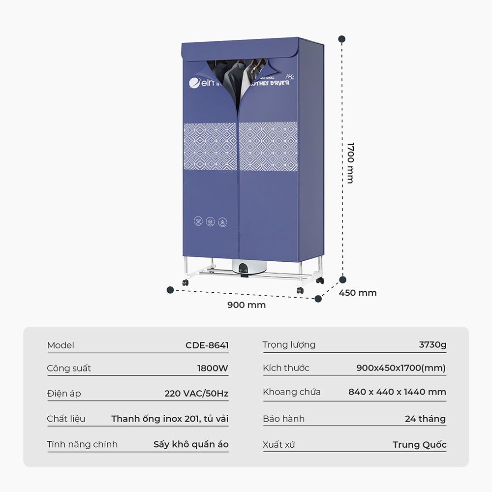 Tủ sấy quần áo Elmich CDE-8641 công suất 1800W có điều khiển, tải trọng 30kg, hẹn giờ sấy 0-180 phút - Hàng chính hãng