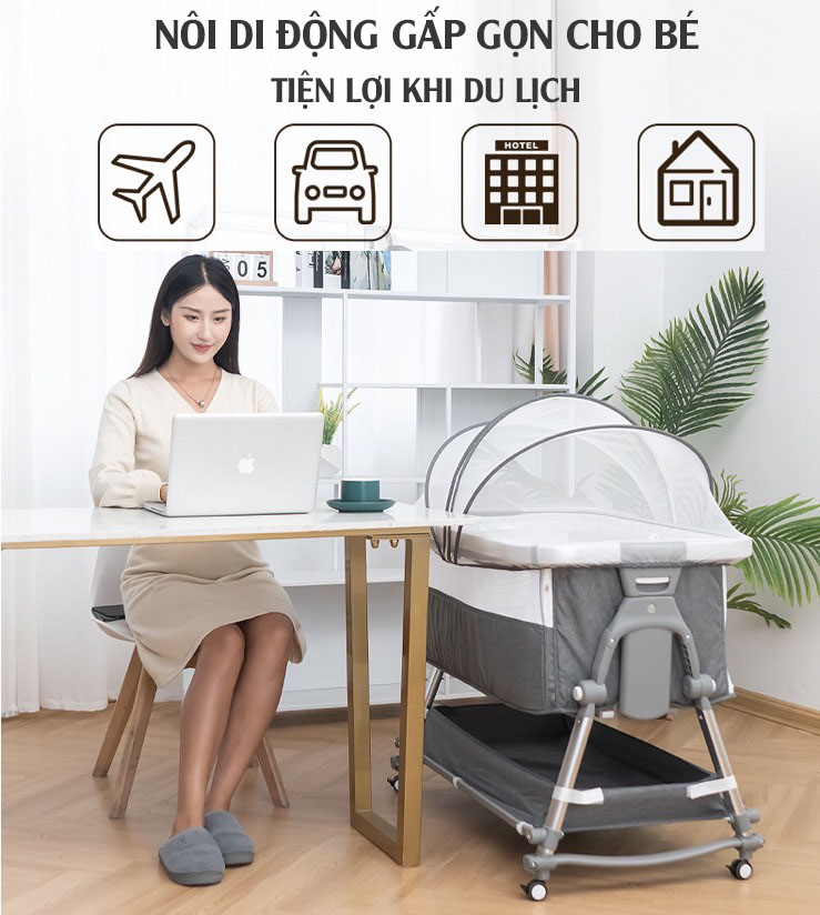 Nôi di động đa năng bập bênh, cũi kề giường nâng hạ độ cao, gấp gọn, cho bé 0-3 tuổi, mang đi kèm túi xách