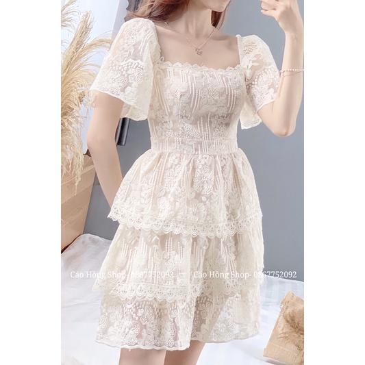 Váy ren 3 tầng tay bồng tiểu thư-Váy thiết kế- Váy ren cộc tay V20