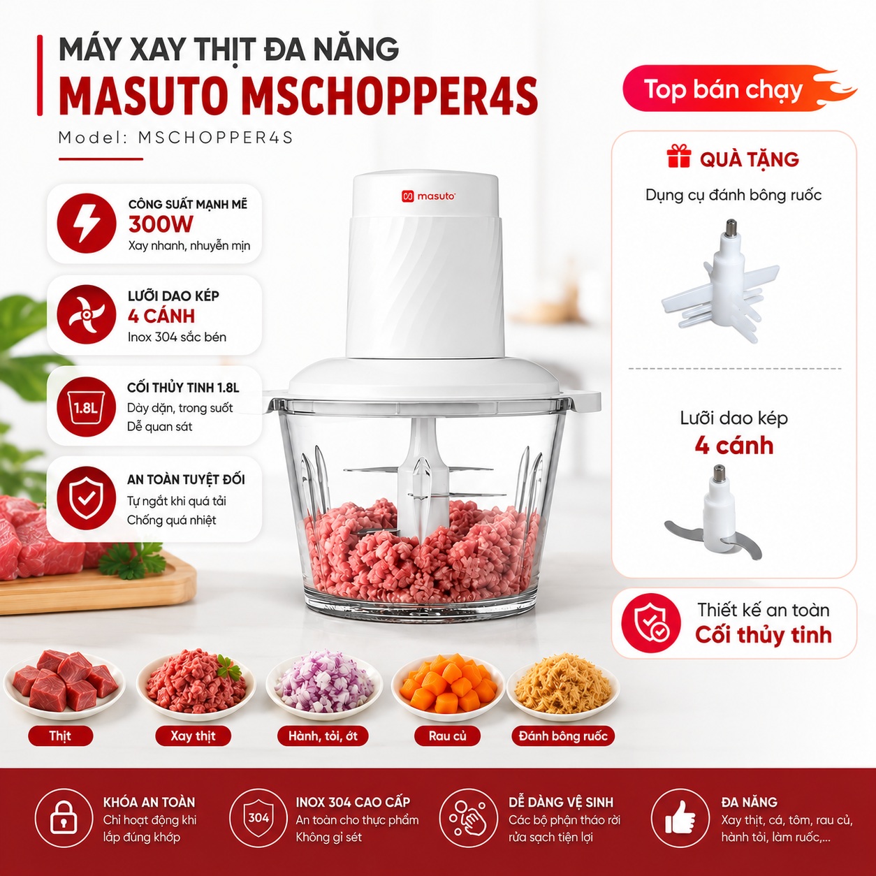 Máy Xay Thịt Đa Năng MSCHOPPER4S cối thủy tinh xay thịt, xay gia vị siêu nhanh Công Suất 300W Dung tích 1.8L - Hàng chính hãng