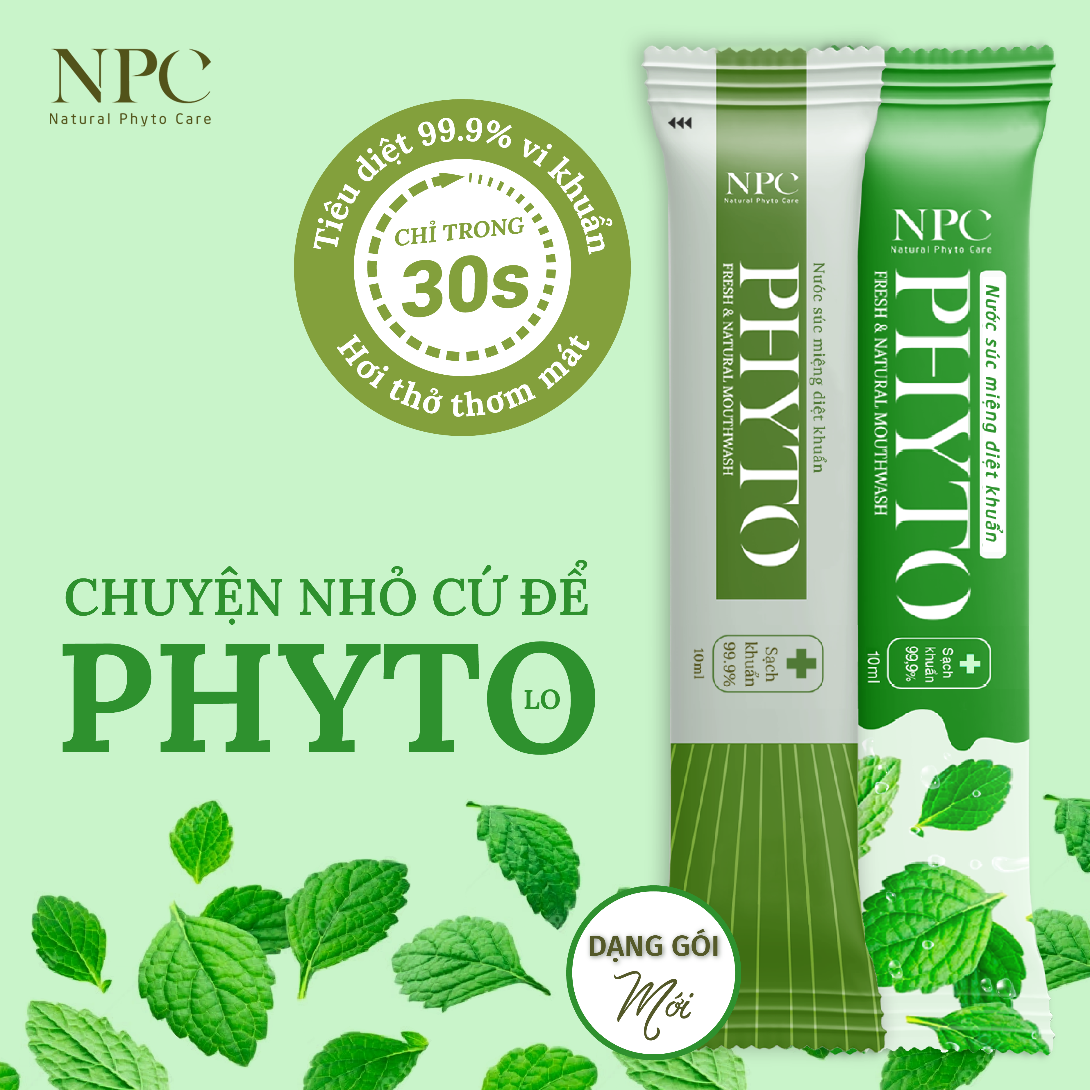 Nước súc miệng Phyto làm sạch khoang miệng 99.9%, tinh dầu thiên nhiên - Hộp 20 gói x 10ml/gói