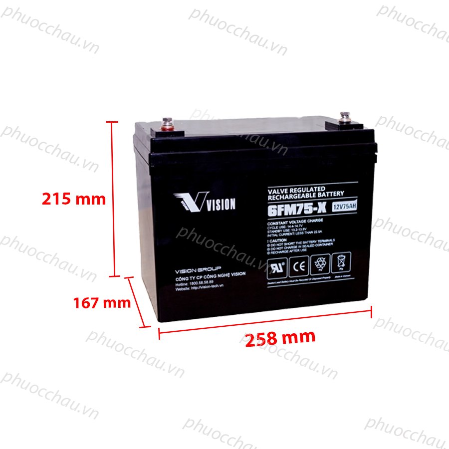 Ắc quy bộ lưu điện, ắc quy Vision 6FM75-X (12V-75AH), ắc quy viễn thông