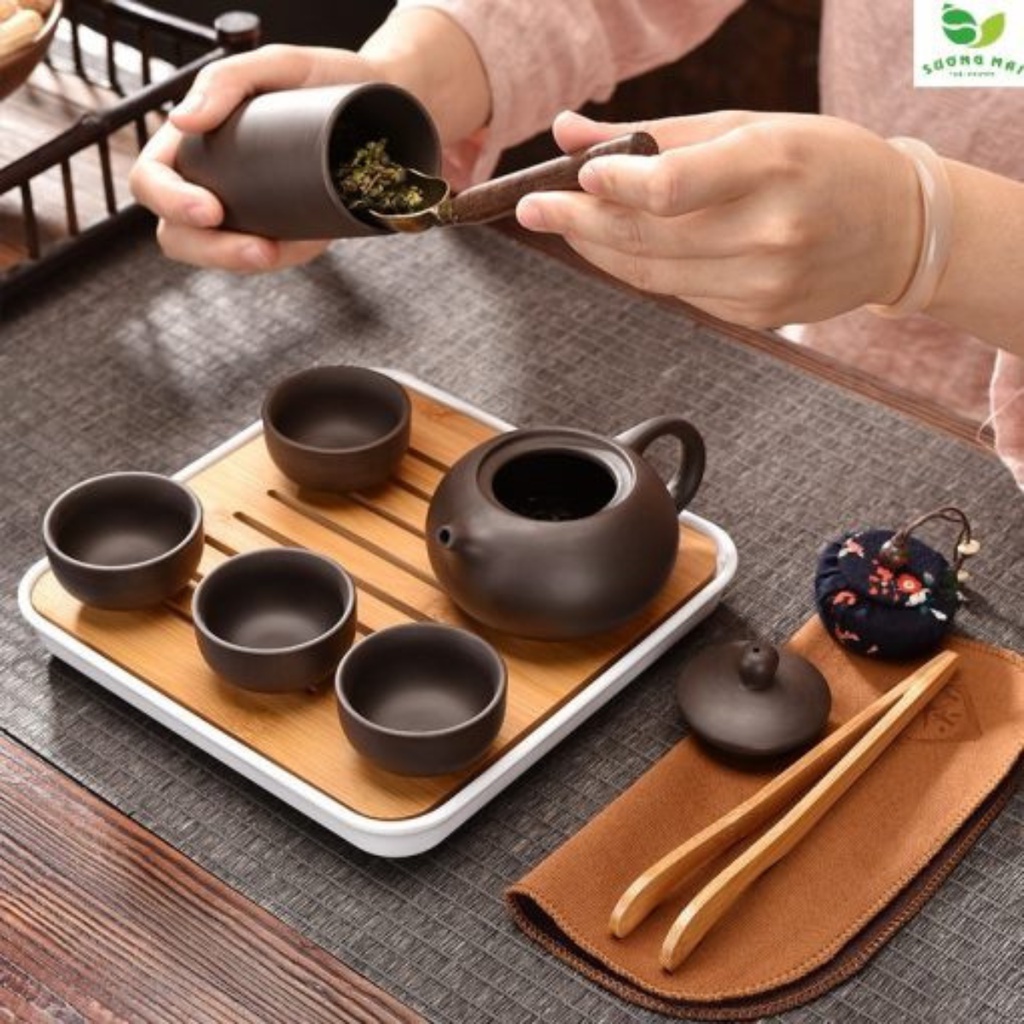 Bộ Ấm Chén Uống Trà Tử Sa 6 Chén, 12 Món, Bộ Ấm Chén Trà Đạo Sứ Thanh Kèm Túi Đựng Xách Tay Dùng Làm Quà Tặng