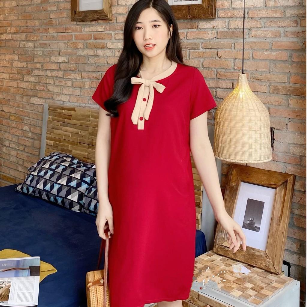 Váy bầu công sở thiết kế dáng xuông nơ cổ xinh sắn