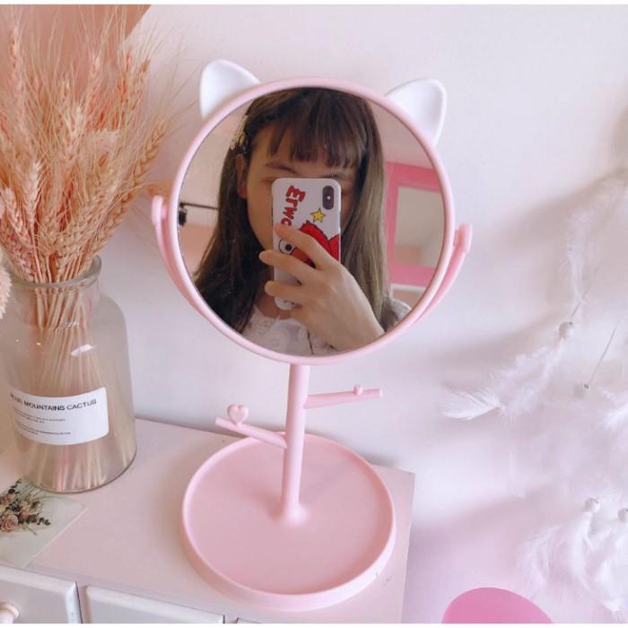 Gương trang điểm tai mèo xoay 360 độ để bàn