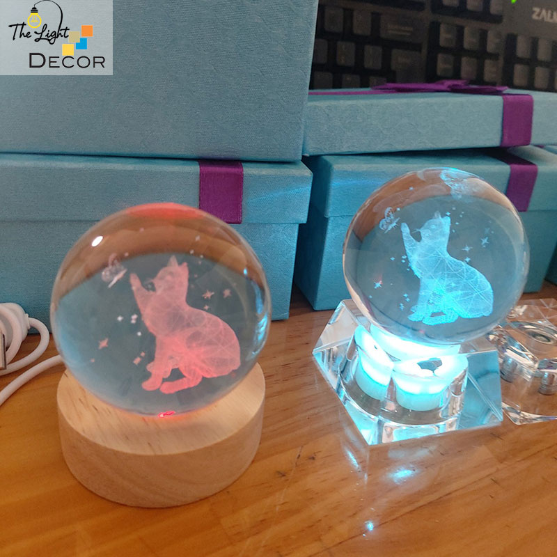 Bộ Quà Tặng Quả Cầu Pha Lê 3D larser LED Mèo 6cm
