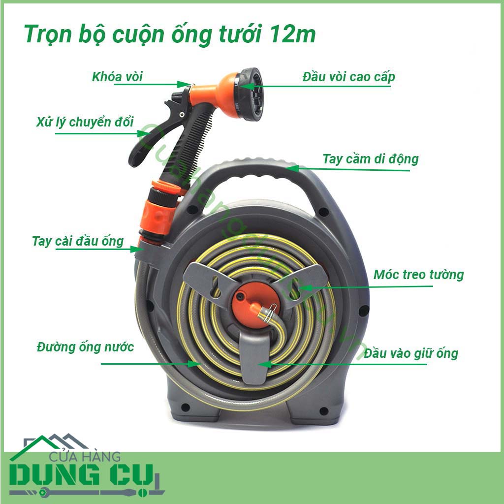 Bộ Vòi Rửa Xe Tưới Cây Đa Năng Thu Cuộn Ống Nước 12m Kèm Đầu Phun 6 Chức Năng Điều Chỉnh Tia Nước Tiện Lợi, Kiên Cố Gọn Nhẹ, Linh Hoạt, Thu Gọn Dễ Dàng