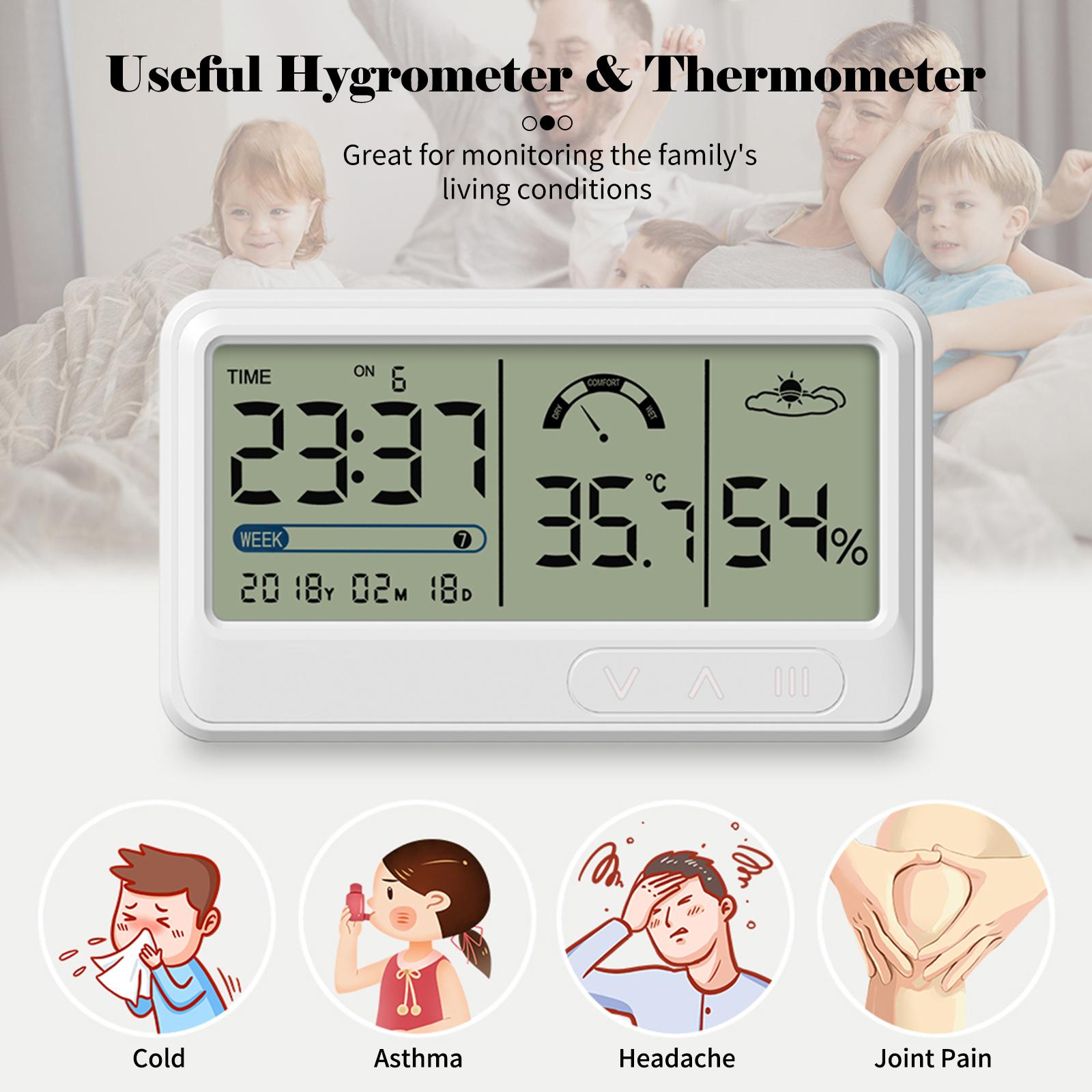 YS201 Indoor Digital Hygrometer Electronic Temperature Humidity Meters Gauge with Time Date LCD Display Clock