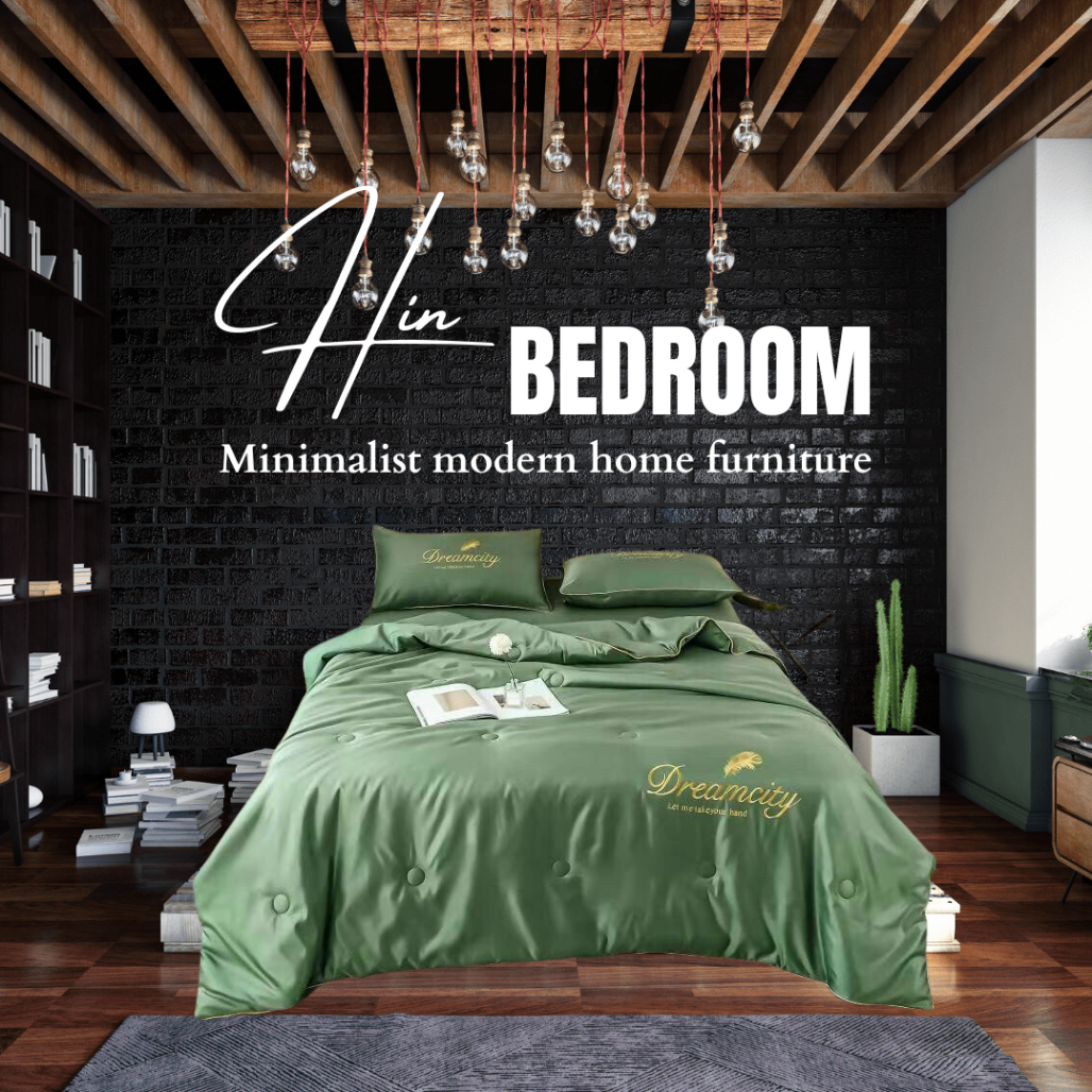 Bộ Chăn Ga Gối Đệm 5 Món Lụa Dream City Set Chăn Ga Drap Trải Giường Chăn Chần Bông Đẹp Hin Home Bedding Mẫu Xanh Biển