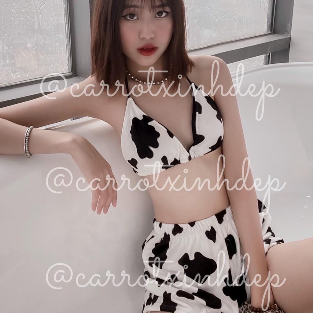 Quần đùi nhung bò sữa áo ngực bra đốm bò sữa cột cổ chất nhung cao cấp freesize carrotxinhdep cá tính năng động dễ thươn
