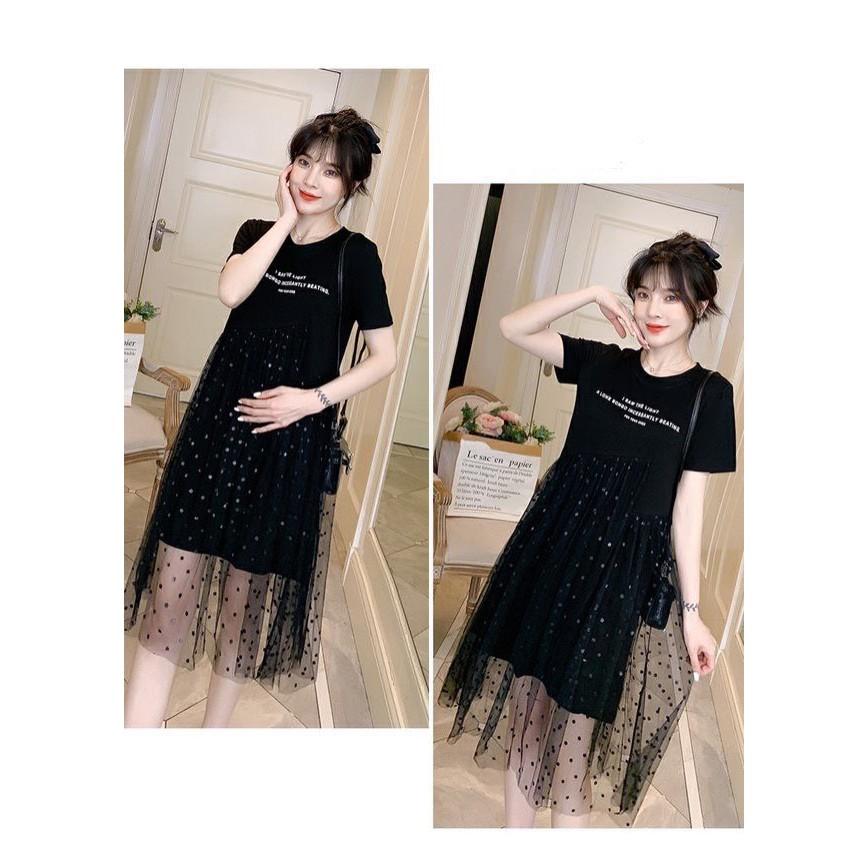 váy bầu quảng châu chất thun cotton 100% pha ren lưới cá tính w168