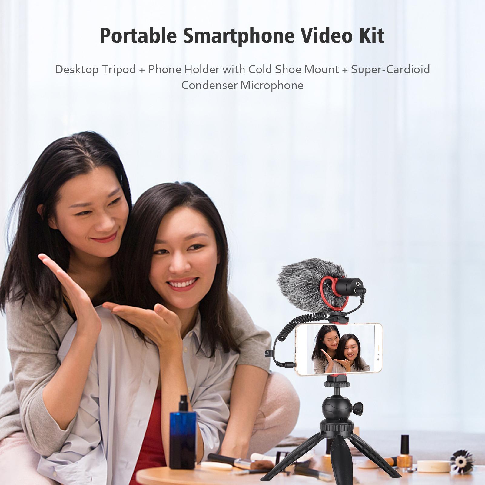 Smartphone Video Kit Phone Vlog Kit with Desktop Tripod+Phone Holder+Supercardioid Condenser Microphone with Shock Mount