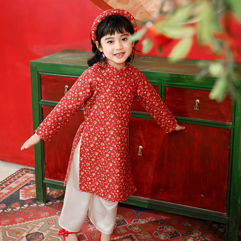 Áo dài bé gái hoa nhỏ kèm quần và mấn vải nhung mềm mại truyền thống MamLa
