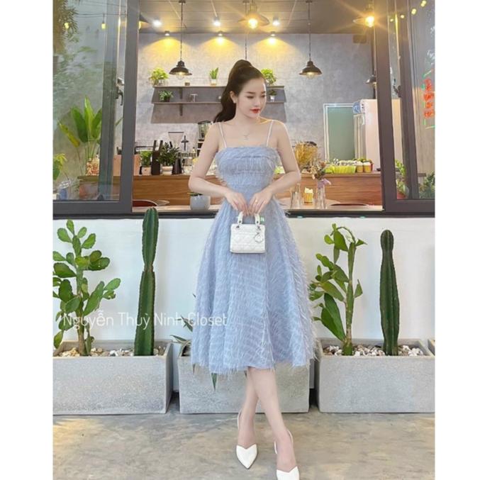 Đầm xoè lông vũ dự tiệc 2 dây cao cấp
